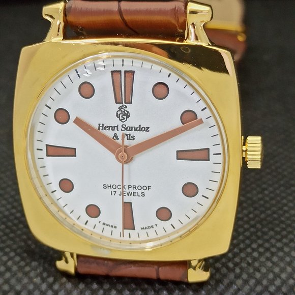 Vintage 1969 Henri Sandoz Mens Gold Watch W/Leather Strap & White Face Brown Acn - Picture 3 of 9